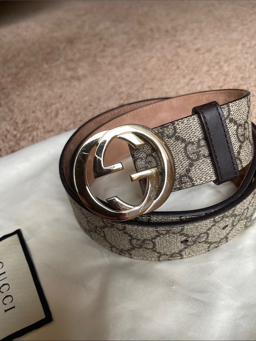 Gucci Interlocking GG Supreme Canvas Leather Belt Beige Women’s US 85/34 - Picture 4 of 16